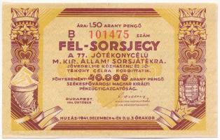 Budapest 1941. "Fél-Sorsjegy a 77. Jótékonycélú M. Kir. Állami Sorsjátékra" sorsjegy 1,50P értékben T:AU,XF szamárfül, kis sarokhiány