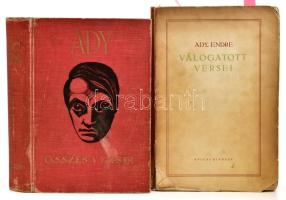 Ady Endre 2 gyűjteményes verseskötete:   Ady Endre válogatott versei. Vál.: Dóczy Jenő. Jaschik Álmos illusztrációival. Bp., 1921, Pallas, 234 p. + 8 t. (színes képtáblák, hártyapapírral). Kiadói papírkötés, szakadozott borítóval, sérült, hiányos gerinccel, foltos lapszélekkel.;  Ady Endre összes versei. Bp., én., Athenaeum. Kiadói egészvászon-kötés, kopott borítóval.;