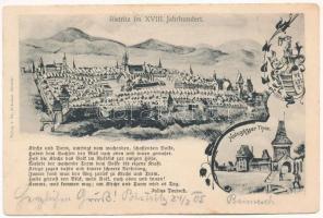 1905 Beszterce, Bistritz, Bistrita; Bistritz im XVIII. Jahrhundert, Holzgässer Tor / Beszterce a 18. évszázadban, városkapu. Th. Botschar kiadása / Bistrita in the 18th century, city gate. Art Nouveau, floral with coat of arms (EK)