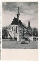 Bánffyhunyad, Huedin; templom, országzászló, Fejes Mária cukorka, csemege, trafik és bélyeg üzlete / church, Hungarian flag, shop (szakadások / tears)