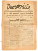 1946. ápr. 7. Demokrácia, politikai, társadalmi és gazdasági hetilap száma, érdekes hírekkel, többe közt Feltárulnak s budapesti Zsidótanács titkai c, cikkel, kisebb szakadásokkal, helyenként kissé foltos