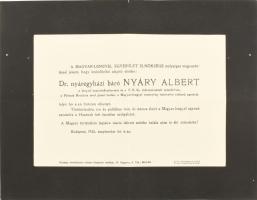 1933 Nyáregyházi báró Nyáry Albert (1871-1933) festőművész, író, történész, régész, Magyar-Lenygel Egyesület alapító elnökének halotti értesítője, apró lapszéli szakadással