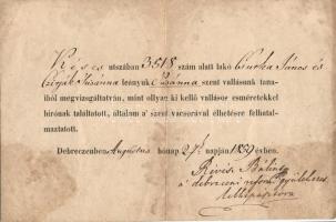 1859 Úrvacsora felvételre jogosító igazolás Rávész Bálint debreceni ref. püspök aláírásával