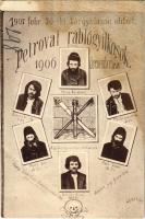 Petrova (Máramaros), 1907 február 20-i tárgyaláson elítélt petrovai rablógyilkosok (1906 december 22.) és a gyilkosságnál használt eszközök; Husz Ábrahám, Biláskó Vaszily, ifj. Filipesuk Jónás, Perl Léb és Fisel, Mihálka János. Kabát Emil kiadása, Art Nouveau / robber murderers of Petrova (Maramues) (non PC) (fl)