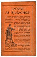 1911 "Szózat az ifjusághoz!", a Magyar Védő Egyesület magyar árucikkek vásárlására buzdító reklámkiadványa, kissé viseltes borítóval, 24 p.