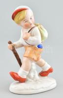 Német turistafiú porcelán figura, jelzés nélkül, kis kopással, m:14,5 cm