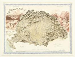 Magyarország hegyrajzi és vízrajzi dombortérkép, 1899-ben megjelent térkép utáni modern nyomás, 17x22 cm