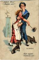 Végre egyedül / Napokon sami! / FinalmEndlich Allein! K.u.K. Kriegsmarine Matrose / WWI Austro-Hungarian Navy humour, dancing mariner art postcard. C. Fano, Pola. 38. 1914/15. s: Ed Dworak (Rb)