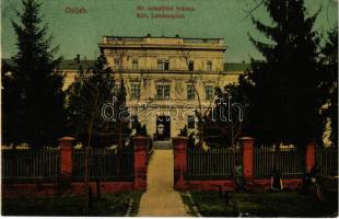 1915 Eszék, Osijek, Essegg; Kr. zemaljska bolnica / Kön. Landesspital / hospital (szakadás / tear) + "Továbbítható, Mose se odpremiti, Censuriert"