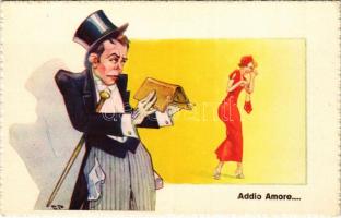 Addio Amore... / Viszlát szerelem, üres pénztárca / Bye Love Italian romantic humour art postcard, empty wallet. Cecami 516.