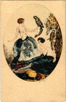 Ledér hölgyek és papagájok / Gently erotic lady art postcard with parrots s: Jean Gilles