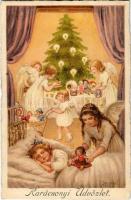 1926 Karácsonyi üdvözlet / Christmas greeting art postcard with angels bringing the gifts s: F. Schenkel