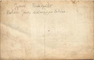 Gímes, Ghymes, Dymes, Jelenec; Posta épület, pipázó férfi / post office, man smoking a pipe. photo (...