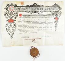 1934 Gépészmérnöki diploma a Budapesti Műszaki Egyetemről. Pergamen, függő viaszpecséttel