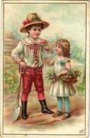 1900 Children art postcard. litho (vágott / cut)