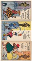 Bruxelles, Brussels; - 3 db RÉGI humoros művészlap a brüsszeli Manneken Pis szoborral / 3 pre-1945 Manneken Pis humour art postcards