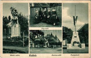 1940 Kiskőrös, Országzászló, Hősök szobra, emlékmű, népviselet, magyar folklór, Szarvas szálloda (EB)