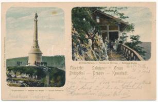 1903 Brassó, Kronstadt, Brasov; Árpád szobor, Millenniumi emlékmű, Bethlen-barlang. Ciurcu könyvkereskedés kiadása / Statua lui Arpad, Pestera lui Bethlen / Arpad-Denkmal, Bethlens-Grotte / Hungarian Millennium monument, cave, inn (fl)