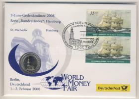 Németország 2008. 2€ "Hamburg" érmés borítékon alkalmi bélyegzős bélyegpárral, hátoldali tanúsítvánnyal T:1