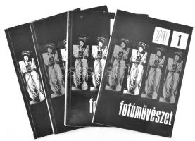 1970 Fotóművészet, a Magyar Fotóművészek Szövetsége negyedévi folyóirata, 70/1-4. sz. (teljes évfolyam). Szerk.: Rozgonyi Iván. Gazdag fekete-fehér képanyaggal. Kiadói papírkötés, vegyes állapotban.