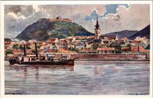 Hainburg von der Donau aus, Erste k. k. priv. Donau -Dampfschiffahrts - Gesellschaf, Wien / general view, castle, steamship s: Rud. Schmindt