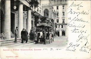 1905 Lucerne, Luzern; Arrivee a l'Hotel Schweizerhof / hotel, omnibus (Rb)