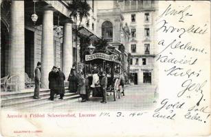 1905 Lucerne, Luzern; Arrivee a lHotel Schweizerhof / hotel, omnibus (Rb)