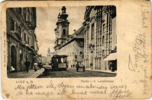1901 Linz a. Donau, Partie i. d. Landstrasse / street view, tram, shops. Dr. Trenkler Co. (Rb)