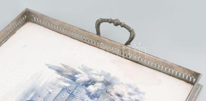 cca 1900-1910 WMF nagyméretű szervírozó tálca fajansz betéttel, fogókkal, mázrepedésekkel, fém részé...