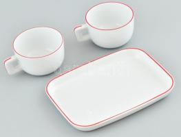 Air France légitársaság kétszemélyes kávékínáló szett, műanyag tálca két porcelán pohárral, jelzéssel, kis kopással, 18x13cm, pohár m: 5 cm