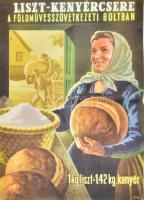 cca 1950 Gönczi-Gebhardt Tibor (1902-1994): Liszt-kenyércsere a Földművesszövetkezeti boltban, plakát, hajtva, kis lapszéli sérüléssel, 56x40 cm