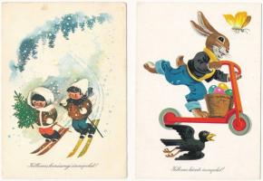 37 db MODERN magyar retro grafikai üdvözlő képeslap és kártya vegyes minőségben. Képzőművészeti Alap...