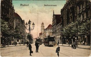 Berlin, Neukölln (Rixdorf); Berlinstrasse / street view, trams, shops (small tear)