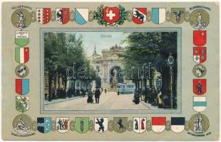 1909 Zürich, tram. Art Nouveau montage with coats of arms. Carl Künzli Tobler 1850. (wet damage)