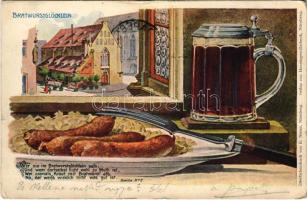 1906 Nürnberg, Nuremberg; Bratwurstglöcklein / traditional German meal, sausage with cabbage and beer (small tear)