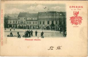 1900 Eperjes, Presov; Fő utca, piac, Tauth Viktor üzlete, Takarékpénztár, Holénia, Fonciere Pesti Biztosító fiókja. Kósch Árpád kiadása. Fénynyomat Divald. Eperjes sz. kir. város címere / main street, market, shops, savings bank, insurance company, coat of arms (fl)