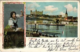 1904 Pozsony, Pressburg, Bratislava; vár, gőzhajó, folklór / castle, steamship, folklore. G. Rüger & Co. Auto-Chrom Art Nouveau (EB)