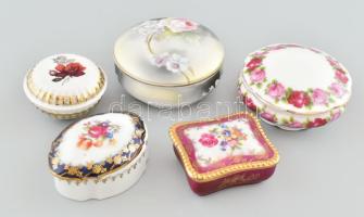 5 darab porcelán bonbonier, közte kopással, közte jelzett, virágmintásak, d: 6,5-9,5 cm
