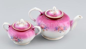 Hollóházi lila kiöntő és cukortartó, jelzéssel, minimális kopással, m: 9,5-10,5 cm