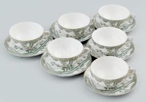 Japán vékonyporcelán 6 személyes csésze alátéttel szett, kopással, kis repedéssel, jelzéssel, d: 13,5 cm, csésze m: 5 cm