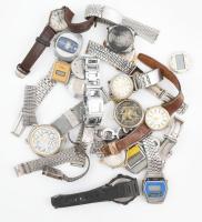 Vegyes karóra tétel, kb. 30 darab alkatrész, szíj, óra, vegyes állapotban