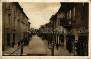 1938 Rimaszombat, Rimavská Sobota; Gömöri utca, Póczos, Brünner és Bata üzlet / Gemerská ul. / street view, shops + 1938 Rimaszombat visszatért So. Stpl. (EK)