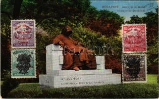 Budapest XIV. Anonymus szobor a Városligetben + József főherceg vezérezredes hadi kiállítása 10f és 15f bérmentesítéssel + Magyar tanács Köztársaság 6f és 20f bérmentesítéssel