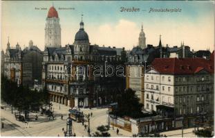 Dresden, Pirnaischerplatz, Der neue Rathausturm / square, tram, shops
