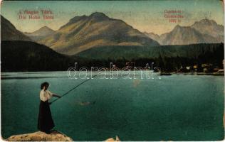 1912 Tátra, Magas-Tátra, Vysoké Tatry; Csorba-tó, hölgy horgászbottal / Csorba-See / Strbské pleso / lake, lady with fishing rod (kopott sarkak / worn corners)