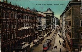 Fiume, Rijeka; Via Adamich e Palazzo Adria, Grand Hotel Europe / út, szálloda, villamos (fl)