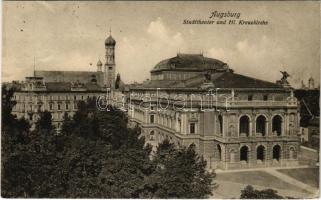 1915 Augsburg, Stadttheater und Hl. Kreurzkirche / theater, church (Rb)