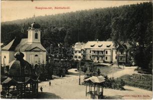 1909 Bártfa, Bártfafürdő, Bardejovské Kúpele, Bardiov, Bardejov; Templom tér. Salgó Mór kiadása / church, square (Rb)