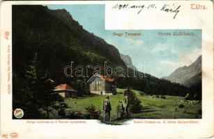 Tátra, Vysoké Tatry; Zerge szálló a Nagy Tarpataki völgyben, Ó Rainer kunyhó. Feitzinger Ede 330. 1902/12. / Hotel Gemse im Kolbachtal mit d. alten Rainerhütte / Rainerova chata / rest house and hotel (kopott sarkak / worn corners)