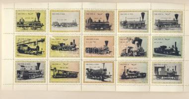 100 éves a M.Á.V. fogazott és vágott levélzáró ív 15 ill. 18 mozdonyokat ábrázoló levélzáróval